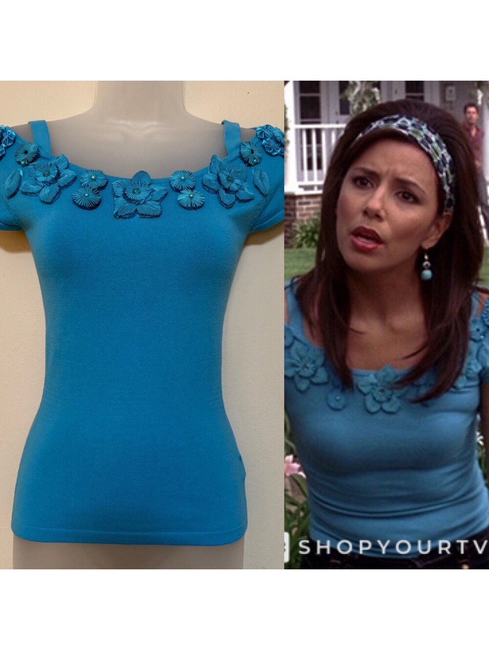 Rare ASO Gabrielle Solis Blue Cache Flower Appliqué Short Sleeve Blouse Size XS